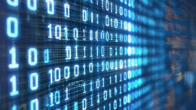 A close-up view of binary code flowing through a digital interface, highlighting the intricate patterns and structures of data.