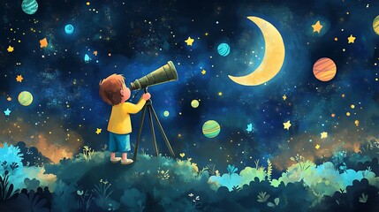 Naklejka premium A young boy gazes at the night sky with a telescope, surrounded by stars, planets, and a crescent moon.