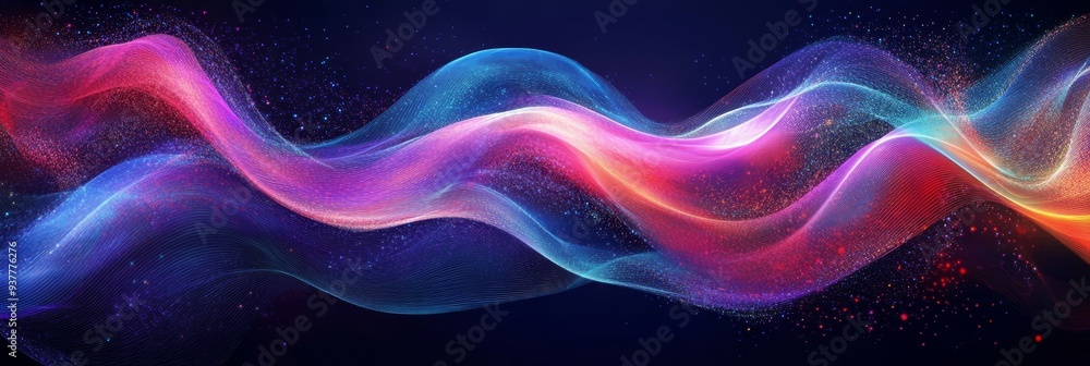 Poster abstract colorful waves on a dark background - a vibrant digital illustration of two colorful waves,