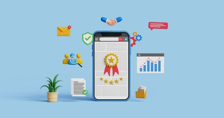 ISO standards quality assurance. High quality approval, customer satisfaction, positive feedback. 3D smartphone with 5 star quality badge and icons. 4k 3d animation. Trim first 3 sec for loop