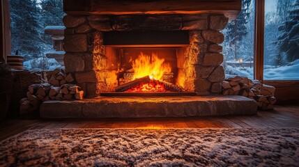 Winter Wonderland: Cozy Fireplace with Snowy Backdrop