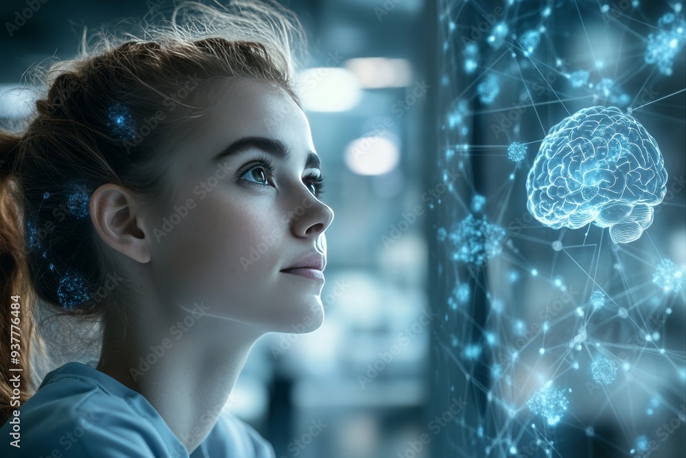 Poster woman with glowing brain symbolizing cognitive processes the power of thought and the integration of