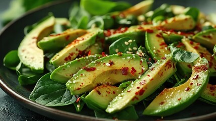 A plate of avocado salad with fresh spinach, sprinkled with chili powder and green pepper seeds, close-up shot.  