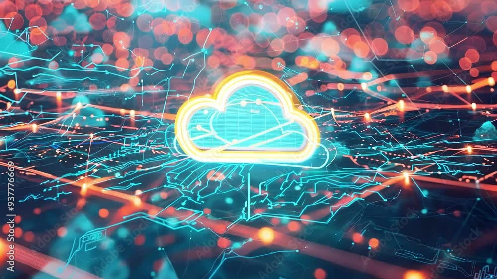 Poster Glowing cloud icon is hovering over a circuit board with data pathways, symbolizing cloud computing and innovative data storage solutions