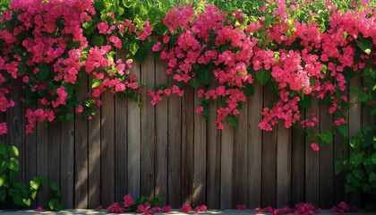 Fototapeta premium Pink bougainvillea flowers cascading over a wooden fence.