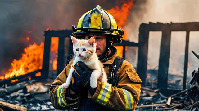 A firefighter holding a rescued kitten in front of a burning house