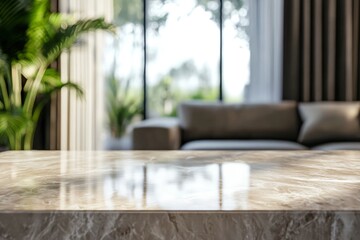 3D rendering, close up of marble table in modern living room with blurred background copy space with generative ai
