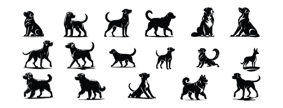 Standing black dog silhouette on white background, dog vector, dog standing icon