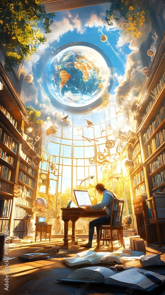 Poster man working in a library with a globe for a ceiling.
