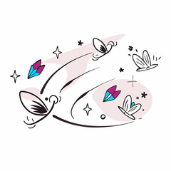 Abstract background of stylized flowers, butterflies, birds on a white background