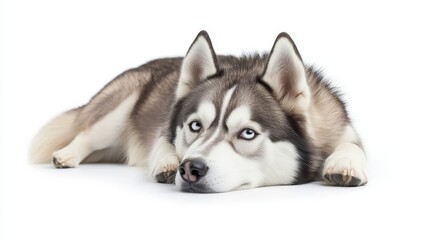 Fototapeta premium Adorable Husky Dog Lying Down with Blue Eyes on White Background - A beautiful Siberian Husky with piercing blue eyes lies on a white background, its head resting on its paws, exuding a sense of calmn