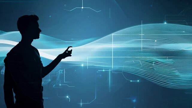 A person stands against a glowing backdrop of blue waves, showcasing innovative digital art at a technology event.