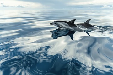 Fototapeta premium Delfine im abendlichen Sonnenuntergang im offenen Ozean