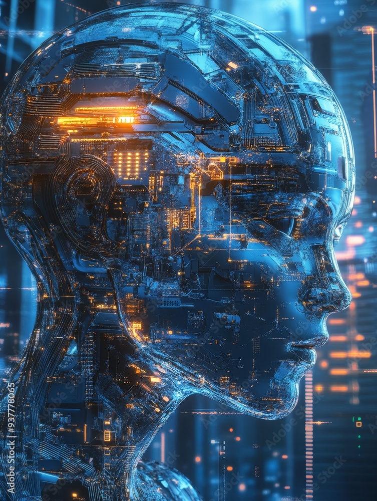 Poster ai humanoid: a futuristic vision of artificial intelligence - a transparent, digital human head is c