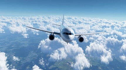 Obraz premium Airplane Soaring Above the Clouds - Travel and Adventure - A commercial airplane flies high above the clouds, symbolizing travel, freedom, exploration, journey, and destination.