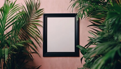 Blank Picture Frame with Green Leaves on Pink Wall.