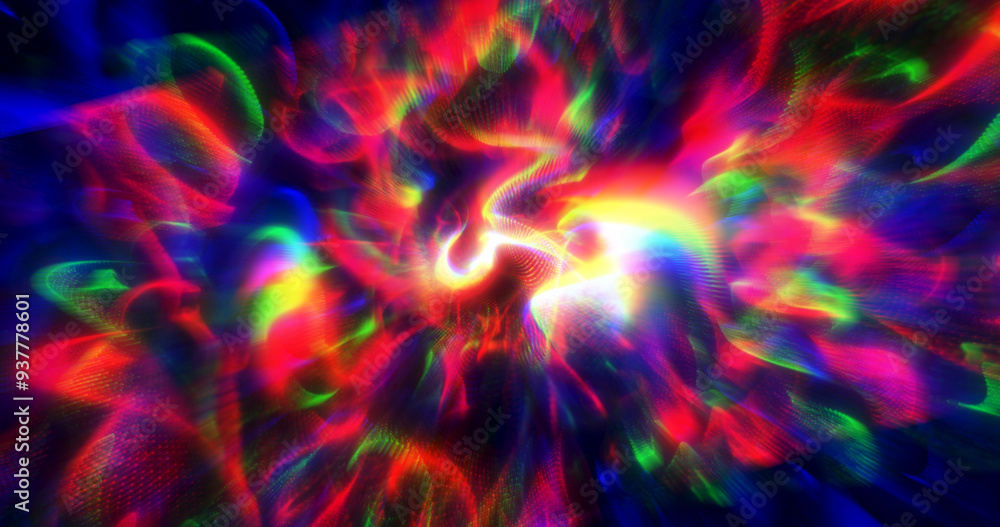Poster a vibrant, abstract display of swirling neon colors in red, blue, and green, creating a dynamic and 