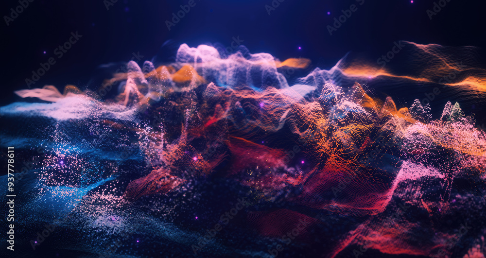 Poster abstract moving futuristic landscape of particles and dots of energy magic with glow and blur effect