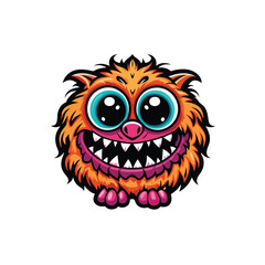 A small fluffy monster with big innocent eyes and sharp teeth, smiling.