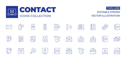 Contact icons collection. Thin Line icons, editable stroke. phone book, hired, id card, invitation, coffee, address book, curriculum, mails, planner, search, agenda, contact us