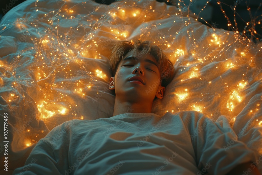 Poster young man lying in a futuristic setting with glowing neural connections symbolizing relaxation cogni