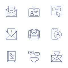 Contact icons set. Thin Line style, editable stroke. id card, invitation, spam, phone book, coffee, contact, filter