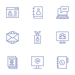 Contact icons set. Thin Line style, editable stroke. phonebook, message, conference, address book, identity card, contact us, mail, personal information, contact form