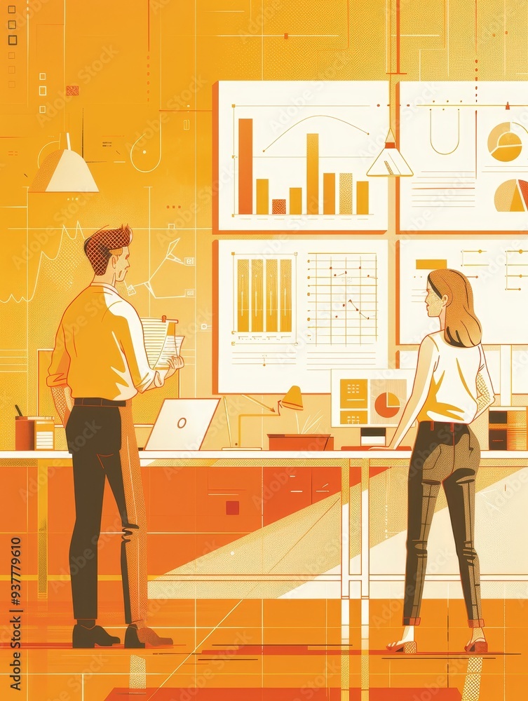 Aufkleber business data analysis and collaboration - two colleagues discuss data presented on charts and graph