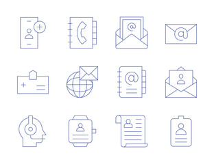 Contact icons. Thin Line style, editable stroke. smartwatch, id card, contact list, email, worldwide, cv, add friend, agenda, medical, customer service