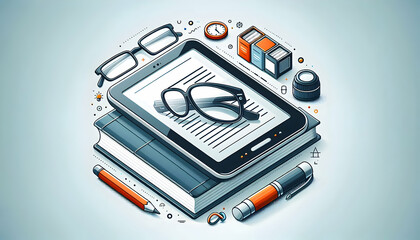 E Reader and Glasses Isolated Vector: Digital Reading and Online Learning Concept for Educational Materials and Designs - Stock Photo