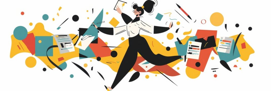 Busy Businesswoman Multitasking and Running with Documents and Papers - A businesswoman running and juggling multiple tasks, symbolizing  multitasking,  busy work life,  achieving goals,  time managem