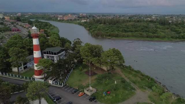 Aerial Red and white Lighthouse, Black Sea in Poti, Georgia