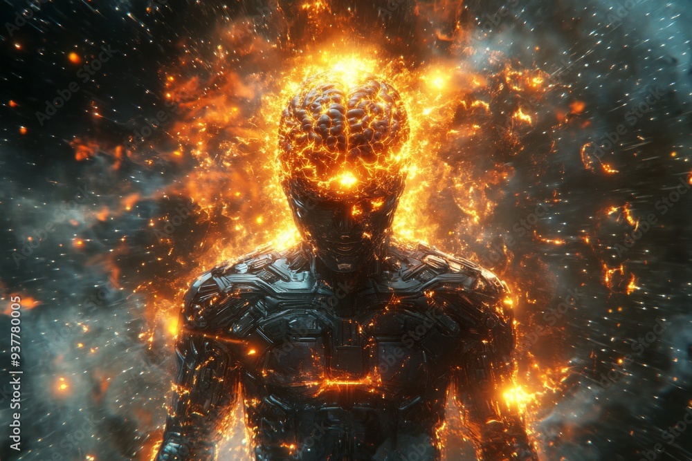 Poster futuristic digital human with glowing neural networks symbolizing the fusion of human cognition with