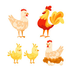 Cartoon illustration featuring a rooster, a hen, two chicks, and a hen sitting on a nest with eggs