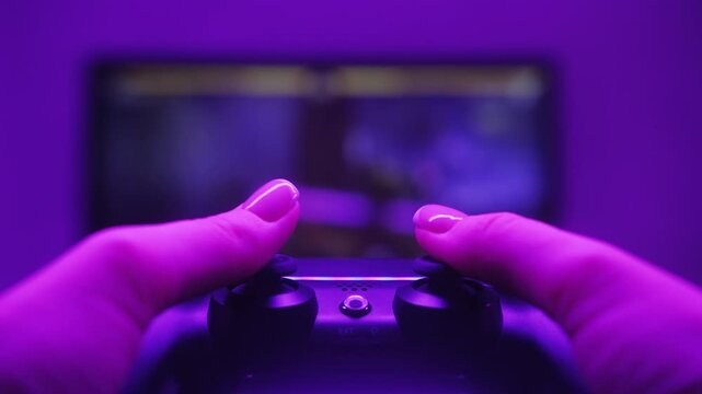 Gamer hands holding modern console for playstation close-up, girl playing video games.