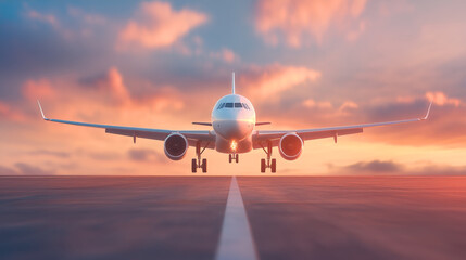 Fototapeta premium Airplane taking off at sunrise over a runway with vibrant clouds in the background