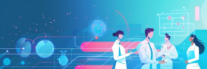 Collaborative Innovation: A Team of Scientists Working Together - A team of scientists work together in a futuristic lab setting, symbolizing innovation, collaboration, research, technology, and progr