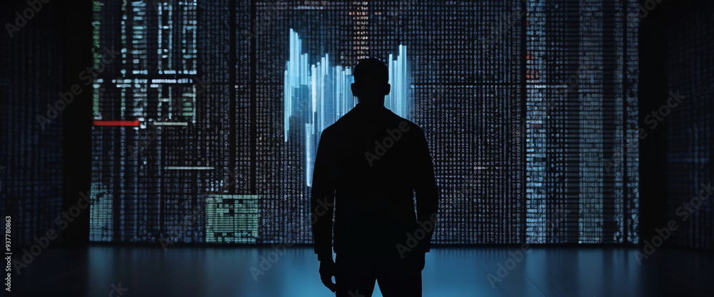 Poster a silhouette of a person standing in front of a giant digital screen with a flow of data showing var