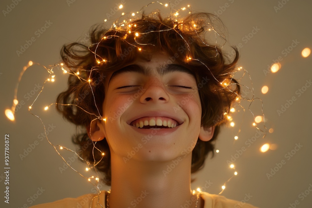 Poster smiling young man surrounded by glowing lights representing joy positivity and the powerful connecti