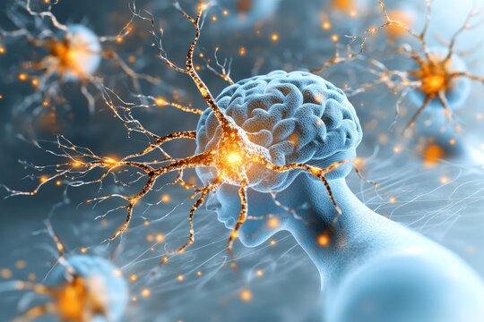 Close up of a neuron with glowing synapses symbolizing the intricacies of thought neural activity and the microscopic world of cognitive functions