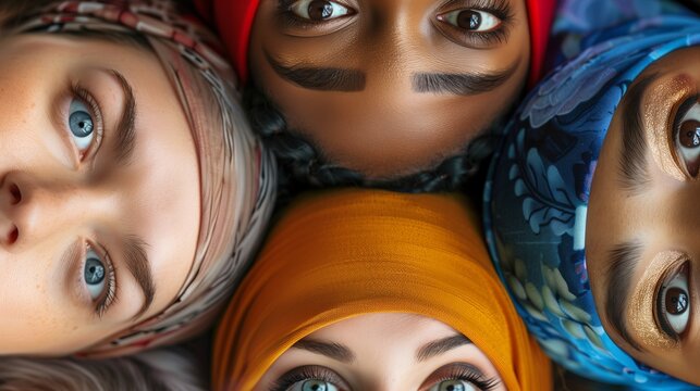 group of women with different skin tones, wearing hijab,  looking down at camera, diversity and unity concept