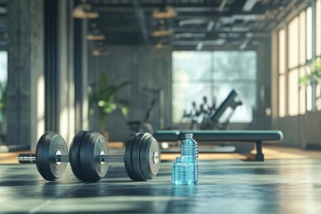 3D rendering, dumbbells on the floor in concept fitness room with water bottle and training equipments with generative ai