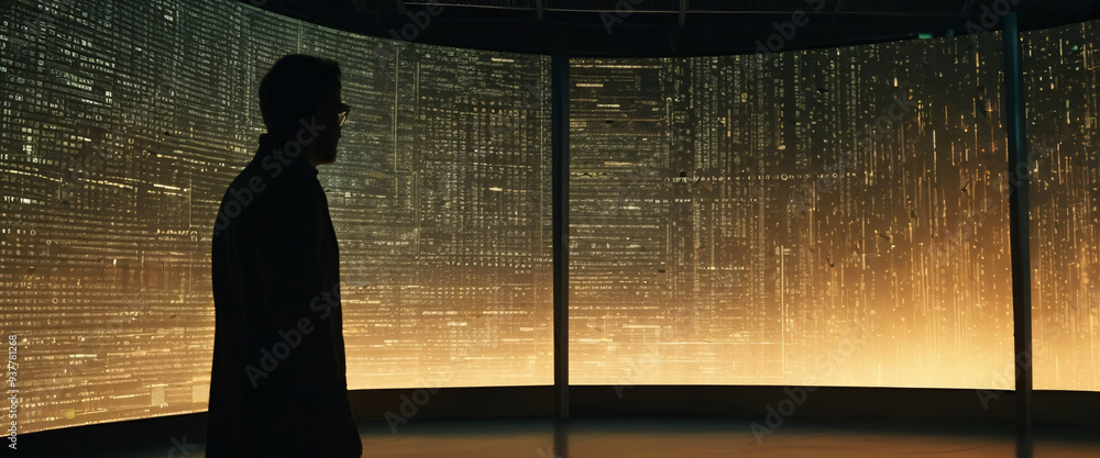 Poster a silhouette of a person standing in front of a giant digital screen with a flow of data showing var