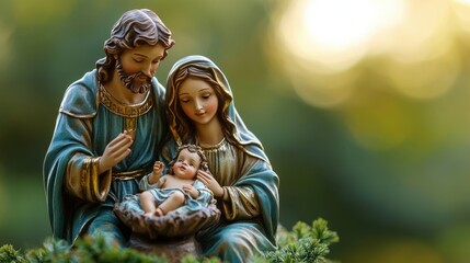 Peaceful Nativity Scene with Mary, Joseph, and Baby Jesus on Green Background © Dee