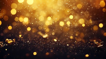 Fototapeta premium gold Sparkling Lights Festive background with texture. Abstract Christmas twinkled bright bokeh defocused and Falling stars. Winter Card or invitation