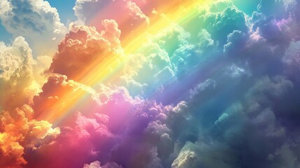 Fototapeta premium Colorful Rainbow Sky with Fluffy Clouds - A vibrant rainbow shines through fluffy clouds, symbolizing hope, joy, diversity, new beginnings, and the beauty of nature.