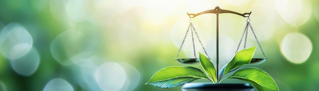 A balanced scale symbolizing justice and nature, surrounded by vibrant greenery, representing harmony and environmental awareness.