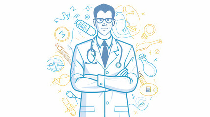 Fototapeta premium Confident Doctor with Medical Symbols Surrounding Him - A doctor with arms crossed, wearing a lab coat and stethoscope, with surrounding medical symbols like pills, syringe, and brain representing hea