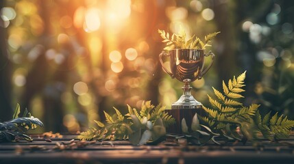 trophy award cup with fern leaves on wooden table in forest, bokeh background, copy space