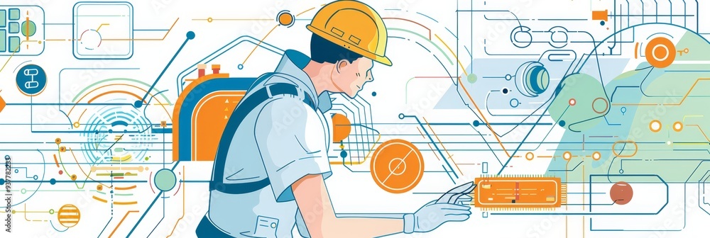 Poster construction worker using technology for building projects - a construction worker wearing a hard ha